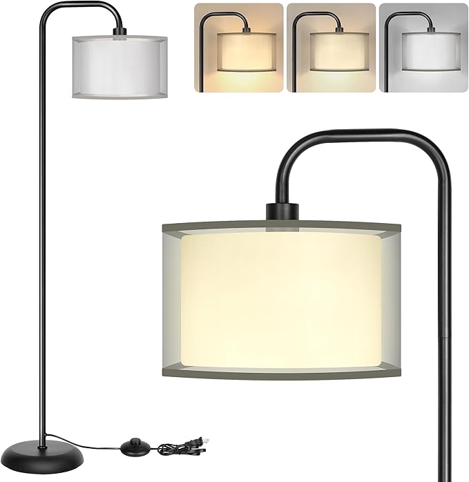 PARTPHONER LED Floor Lamp for Living Room, Modern Standing Lamp with Foot Switch Grey Organza Fabric Shade Tall Pole Reading Lamp for Bedroom Study Room Office, 9W Bulb Included