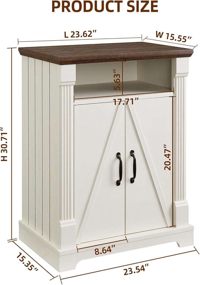 Farmhouse Bathroom Floor Cabinet, Freestanding Storage Cabinet with Double Doors and Adjustable Shelves, Wooden Small Storage for Living Room, Bathroom (Antique White)