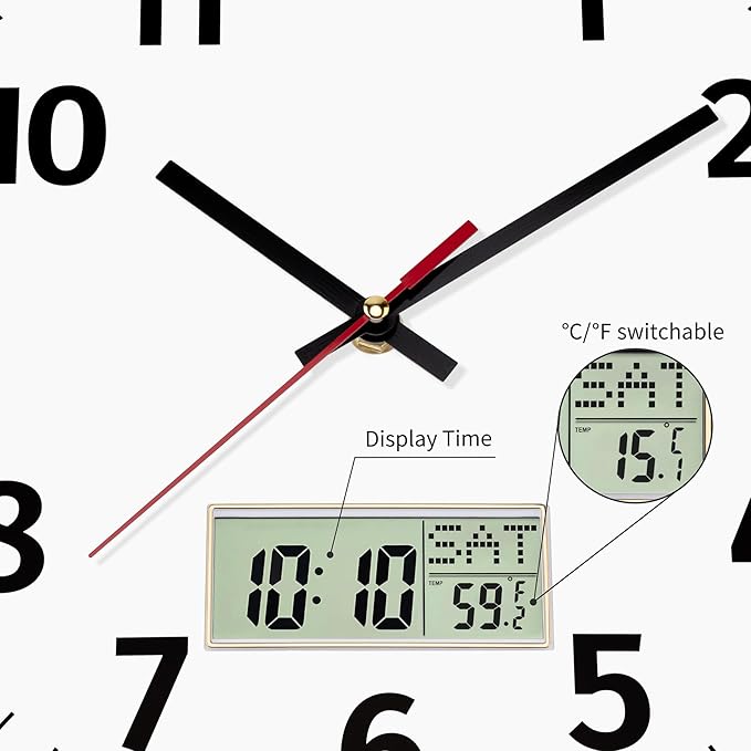 Foxtop Digital Wall Clock with Time, Day of Week and Temperature, Silent Non-Ticking Battery Operated Round Digital and Analog Wall Clock for Classroom Office Bedroom Home School (12 Inch, Silver)