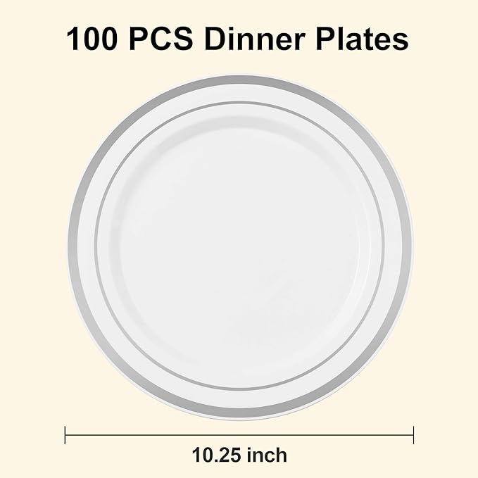 100PCS White Plastic Plates for Party, 10.25 Inch Heavy Duty Dinner Plates with Silver Rim, Disposable Plates for Wedding and Birthday
