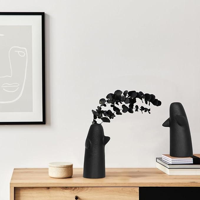 2 Pack Black Flower Vases for Bouquet, Small Ceramic Vases for for Centerpieces Home Decor Accents Terracotta Vase for Table Entryway Bookshelf Living Room