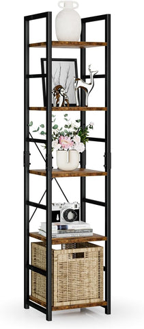 NUMENN 5 Tier Slim Bookshelf, Tall Bookcase Shelf Storage Organizer, Modern Book Shelf for Bedroom, Living Room and Home Office, Vintage