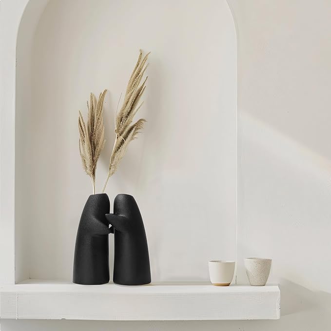 2 Pack Black Flower Vases for Bouquet, Small Ceramic Vases for for Centerpieces Home Decor Accents Terracotta Vase for Table Entryway Bookshelf Living Room