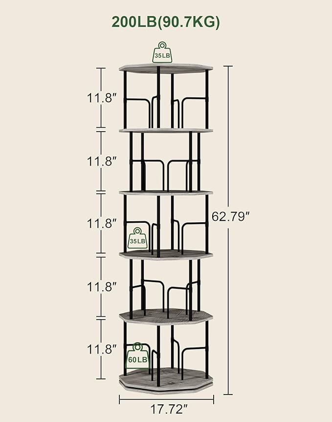 5 Tier Rotating Bookshelf, 360 Display Round Spinning Bookshelf Tower for Kids Room, Corner Shelf for Living Room, Office, Bedroom, Black