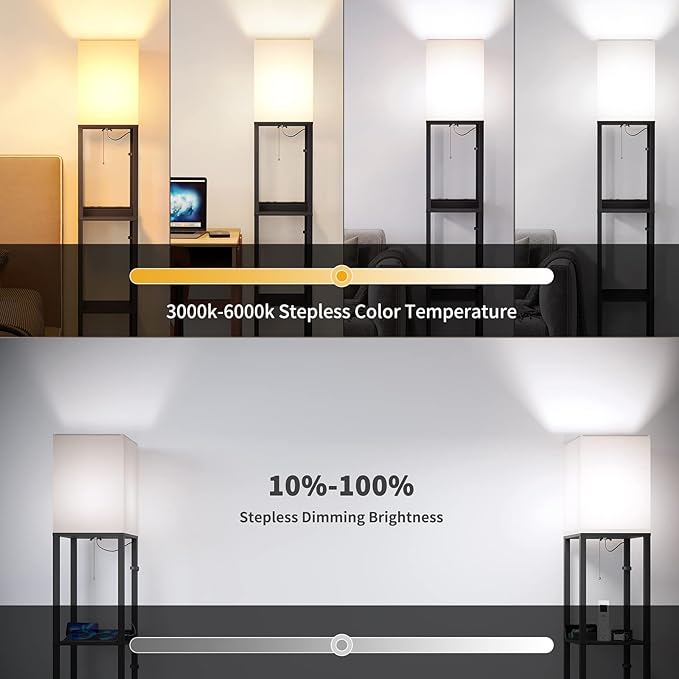 SUNMORY Shelf Lamp with Remote Control, Stepless Color Temperature & Dimmable, Floor Lamp with Shelves with 2 Usb Charging Ports and 2-Hole Socket, Solid Wood Tall Lamps for Living Room, Bedroom，Black