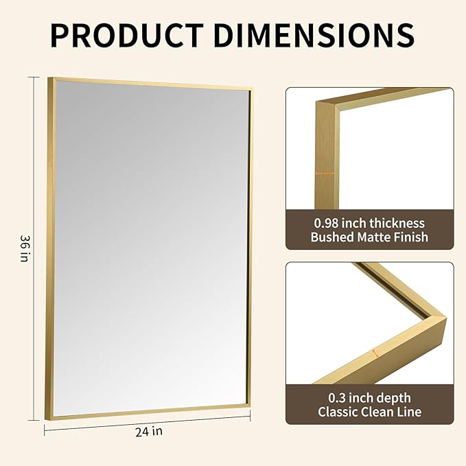 Brushed Gold Mirror, 24x36 Inch Aluminum Framed Rectangle Mirror, Anti-Rust, Tempered Glass, Square Corner Wall Mirror for Over Sink, Vanity, Bedroom, Entryway, Horizontal/Vertical
