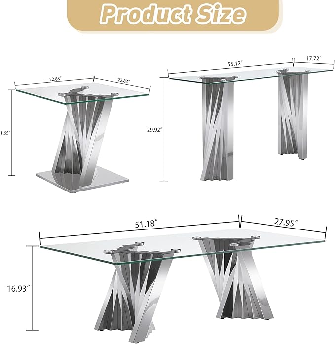 Glass 4 Piece Living Room Table Sets,4-Piece Table Set Includes 1 Glass Coffee Table and 1 Console Table and 2 End Tables with Stainless Steel Frame,Modern Coffee Table Set of 4 for Living Room