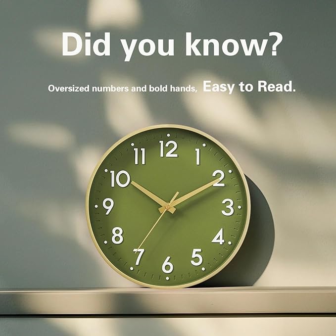 Mosewa Wall Clock 12 Inch, Battery Operated Non-Ticking Analog Clock Decorative for Kitchen, Bedroom, Office, Home(Gold)