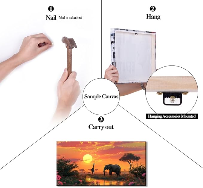 Giraffe and Elephant on Grassland Wall Art Decor Artwork for Bedroom (30x60 Inches)