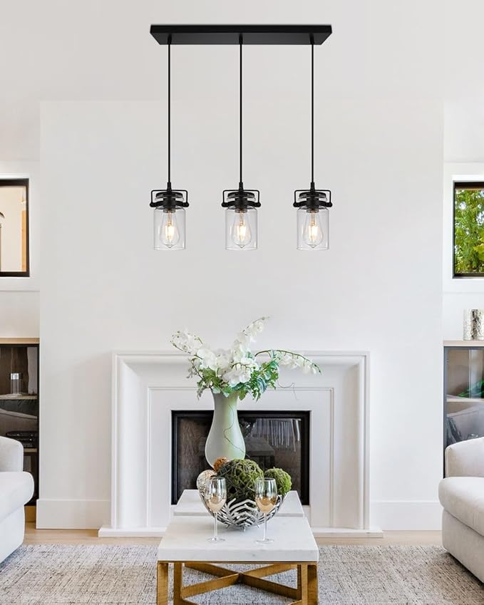 Kitchen Pendant Lighting Over Island Pendant Lights with Seeded Glass Shade Black 3 Pendant Lighting Adjustable Farmhouse Ceiling Light for Kitchen Island Dining Room Bedroom Living Room