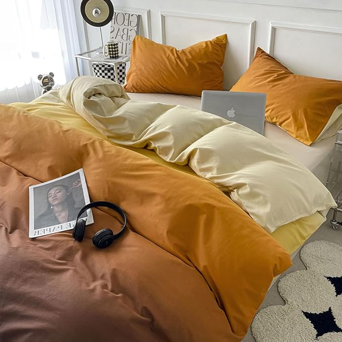 CLOTHKNOW Dark Orange Yellow King Size Comforter Set Brown Gradient Bedding Comforter Sets Soft Brownish Comforter with 2 x Pillow Cases
