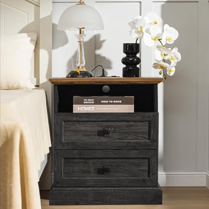 Night Stand with Charging Station, Bedside Table with 2 Drawers Storage and Open Shelf, Wood Farmhouse Nightstand with Outlets for Bedroom Office, Espresso