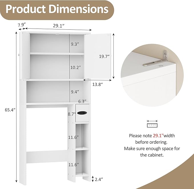 Meilocar Over Toilet Storage Cabinet with Toilet Paper Holder Stand, Freestanding Bathroom Storage Organizer Cabinet Space Saver W/Adjustable Shelf, White