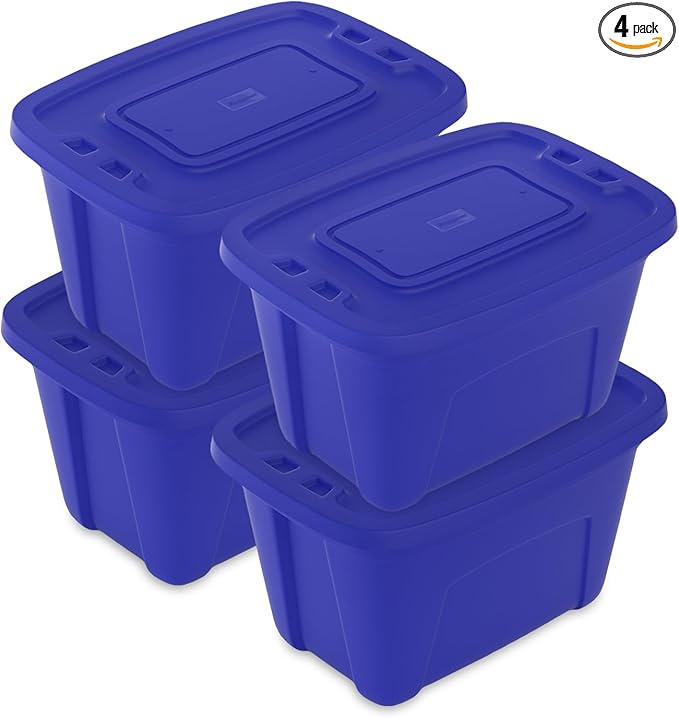 Storage Totes with Lids - Made in USA 18-Gallon (72-Quart) 4-Pack storage bins with lids plastic storage containers large storage boxes for Organizer Blue/Blue