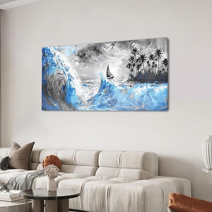 Blue Waves and Sailboat On Black and White Background Wall Art Decor Artwork for Living Room (30x60 Inches)