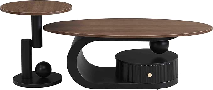 Marble Nesting Coffee Table Set of 2,Modern Oval Center Tea Table and Round Side Nightstand Set w/Drawer and Wood Tabletop and Metal Frame for Living Room Accent Furniture