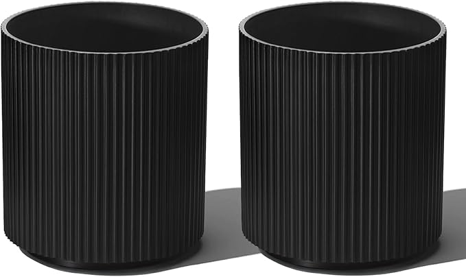Round Planter Outdoor Indoor, Large Plant Pots for Porch, Patio, Backyard, Modern Decor for Tall Plants, Flowers (Vertical Black, 16 inch - 2 Pack)
