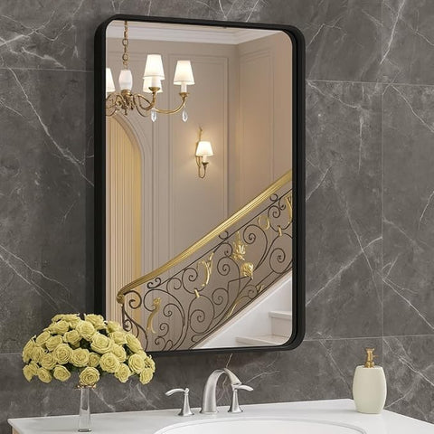 Black 28x36 Inch Metal Framed Mirror for Wall, Large Rounded Rectangle Mirror, Anti-Rust, Tempered Glass, Hangs Horizontally or Vertically