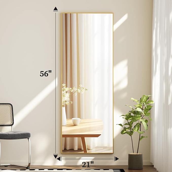 BEAUTYPEAK Full Length Mirror with Stand, 56"x21" Floor Mirror with Aluminum Alloy Thin Frame, ShatterVue Tempered Full Body Mirrors, Free Standing or Wall-Mounted Mirrors for Living Room, Gold