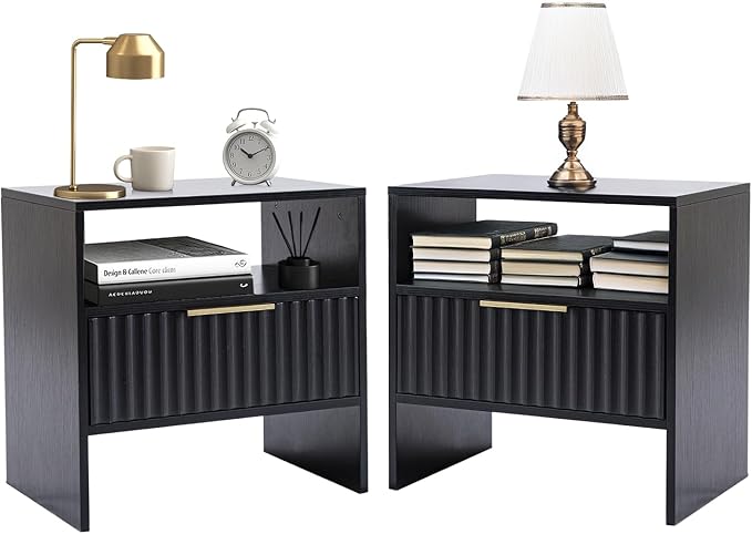 Nightstand Set of 2 Night Stand with Drawer Open Storage Shlef Modern Badside Stand End Table Fluted Mid Century Nightstand for Bedroom Living Room Sofa Couch Home Office Black