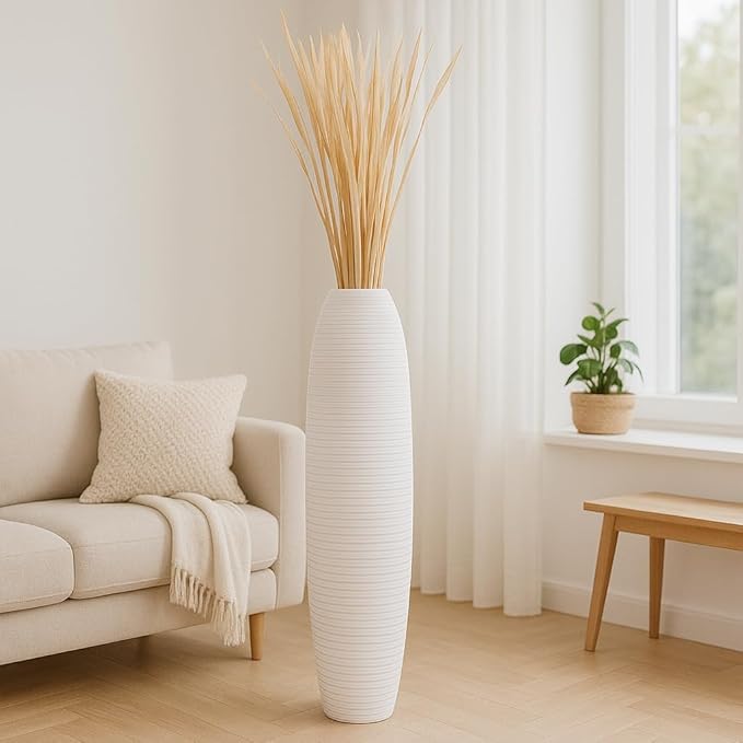 Leewadee Large White Home Decor Floor Vase – Wooden 43 inches Tall Farmhouse Decor Flower Holder for Fake Plant and Pampas Grass
