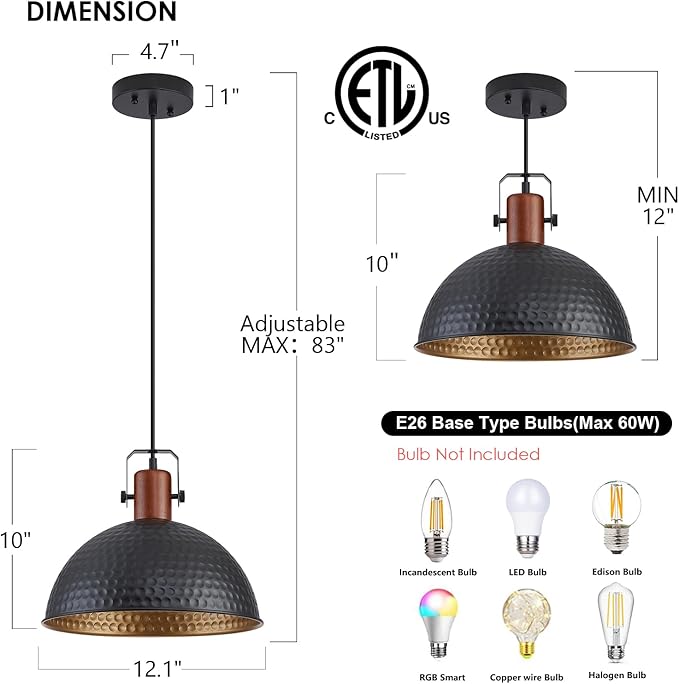 12 Inch Black Pendant Lights Hammered Matte Pendant Lights for Kitchen Island Industrial Farmhouse Adjustable Height Dome Hanging Light Fixtures for Barn, Dining Room 1 Pack