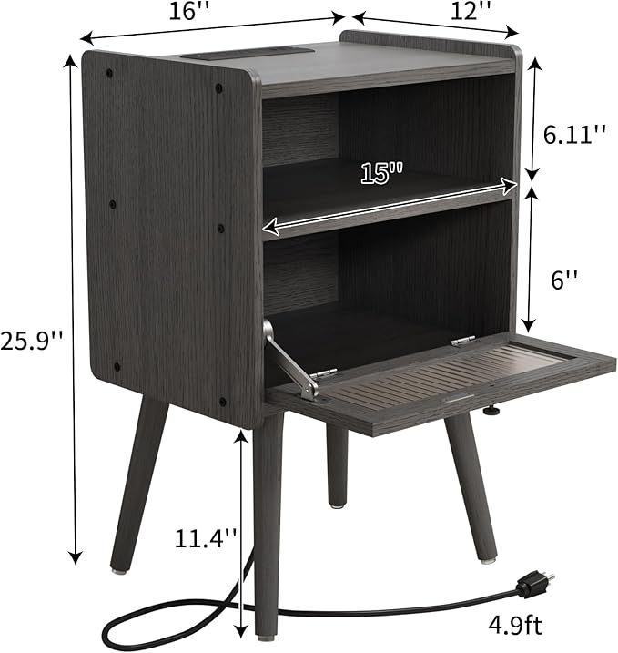 Mid Century Modern Nightstand with Charging Station, Bedside Tables with Glass Door, End Table Side Table with 2 Tiers Storage Space, for Bedroom, Living Room, Dark Grey