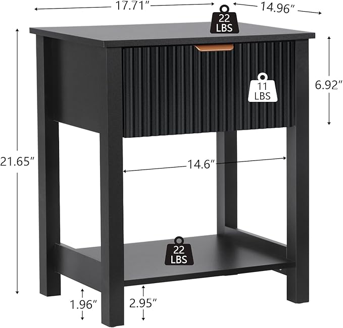 Modern Night Stand Set 2 with Drawer, Black Nightstand for Bedroom, Small End Table with Storage, Living Room/Bed Side Table with Drawer for Small Spaces, Fluted Nightstand Set of 2