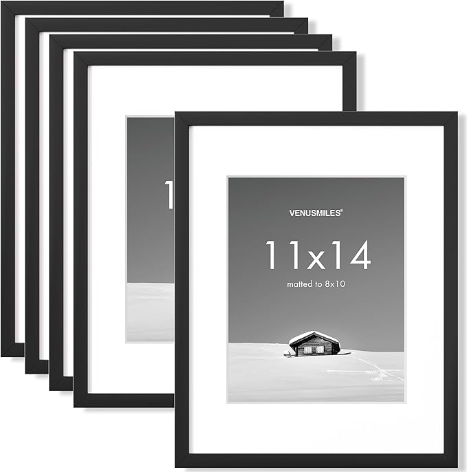 11x14 inch Picture Frame, 11x14 Photo Frames with 8x10 Removable Mat - High Definition Plexiglass - Vertical and Horizontal Display - Wall Hanging Frame - Black, 5 Pack