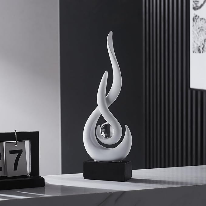 FJS White Modern Flame Statue Home Decorations for Living Room, 13.7" H Resin Sculptures Home Décor Accents, Abstract Art Sculpture for Dining Room Office Coffee Table Centerpiece