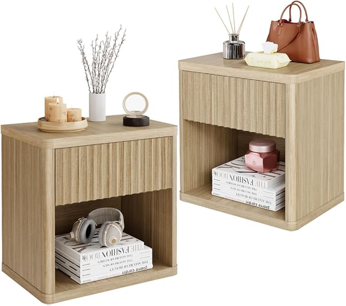 Large Modern Nightstand with Drawer Storage 22.8Inch Wide Fluted Bedside Table End Table for Bedroom, Living Room, Sofa, Couch, Home Office，Mid Century Bed Stands (2Pieces)