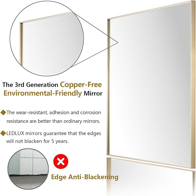 30x30 Inch Gold Bathroom Mirror - Copper-Free Mirror, Aluminum Alloy Frame Vanity Rectangle Wall Mounted Modern Mirror for Bedroom/Living Room/Porch Horizontal or Vertical