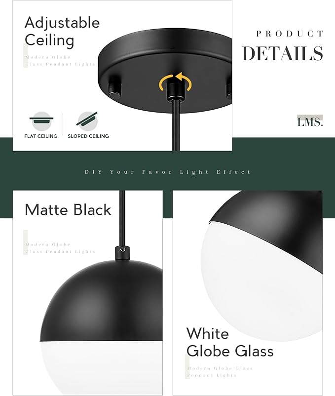 LMS Mid Century Pendant Lights, Matte Black Kitchen Island Light Fixtures with White Globe Glass Shade, Adjustable Hanging Cord, 3 Pack for Home Office Dining Room Bathroom, LMS-186PL-BKWS3PK