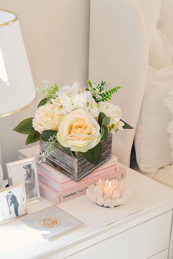 DILATATA Flower Arrangement with Wooden Vase 8" Artificial Flowers in Pot - Fake Flowers Roses Peonies Hydrangeas in Wooden Vase Potted Flower Centerpieces for Table Decor - Pale Yellow