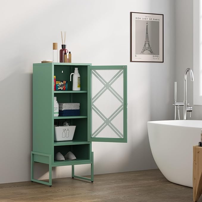 LEYNOT Small Bathroom Storage Cabinet 42.51“H Metal Bathroom Floor Cabinet with Adjustable Shelves for Pantry，Kitchen, Home Office, Living Room, Dinning Room (Green+Transparent Door Panel)