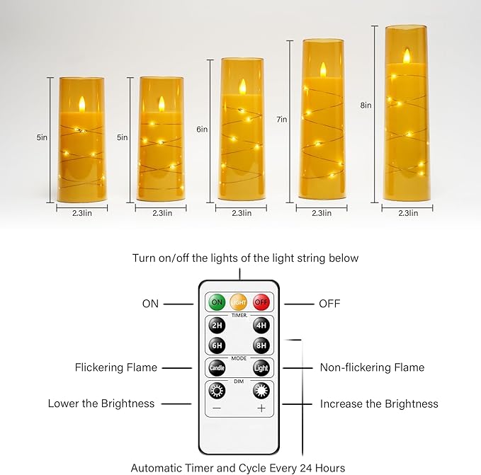 Flameless LED Candles with Timer 5 Pc Flickering Flameless Candles for Romantic Ambiance and Home Decoration Stable Acrylic Shell,with Embedded Star String，Battery Operated Candles（Gold）