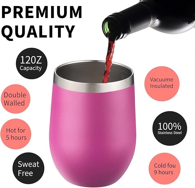 12oz/4 Pack Wine Tumbler Glasses with Lid Stemless Double Wall Vacuum Stainless Steel Travel Tumbler Keeping Cold & Hot for Wine,Coffee,Cocktails,Christmas Drinks-Family and Gifts(Multi color-5)