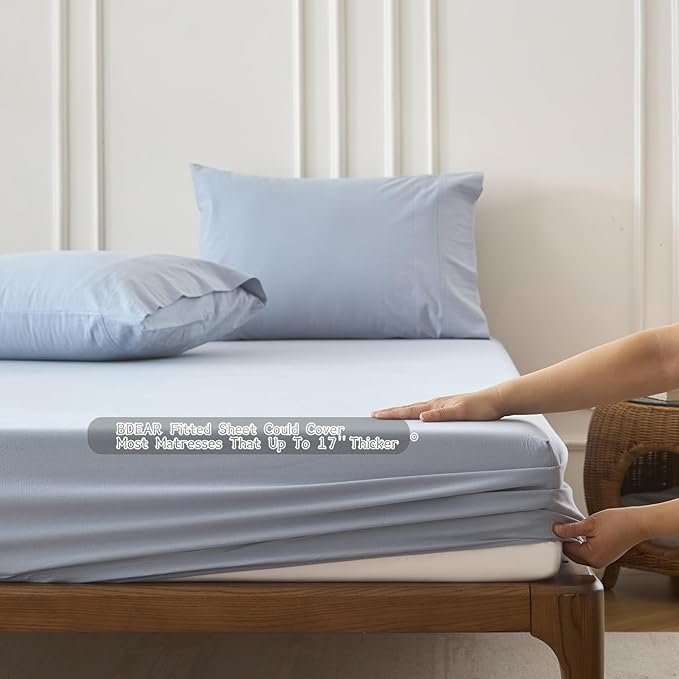 6PS Linen Like Bedding Sheet Sets Cornflower Blue Cotton Bedding Set Oeko-TEX Standard 100% Washed Cotton Deep Pocket Queen Size Fitted Sheet Plus Cozy Flat Sheet and 4 Pillowcases