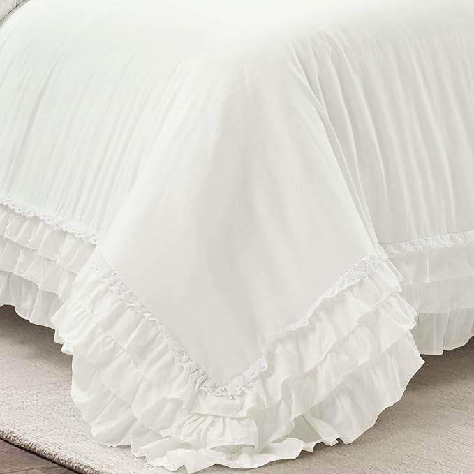 Lush Decor Ella Ruffle Lace 100% Cotton Duvet Cover, 3 Piece Set, Full/Queen, White - Cute Comforter - Queen Bedding Set - White Bedding Full Size - Coquette Decor - Neutral Lace Trim - Ruffle Trim