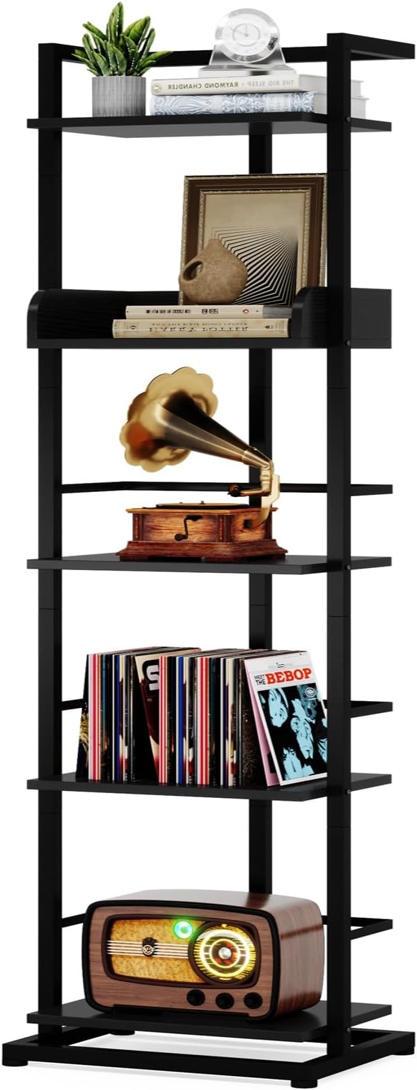 Hosfais Book Shelf Tall Bookshelf: 5 Tier Wood Bookcase with Metal Edge Protection Industrial Narrow Bookshelf Corner Storage Organizer Display Book Rack for Living Room Bedroom Home Office (Black)