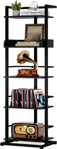 Hosfais Book Shelf Tall Bookshelf: 5 Tier Wood Bookcase with Metal Edge Protection Industrial Narrow Bookshelf Corner Storage Organizer Display Book Rack for Living Room Bedroom Home Office (Black)