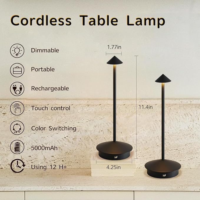 LED Cordless Table Lamps, Portable Rechargeable 6000mAh Outdoor Lights, 3 Color Stepless Dimming Battery Powered Bedside Table Lamp,wireless Touch Lamp For Bedroom/Kitchen Lamp/Camping/Patio(Black）