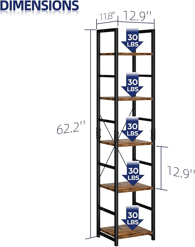 NUMENN 5 Tier Slim Bookshelf, Tall Bookcase Shelf Storage Organizer, Modern Book Shelf for Bedroom, Living Room and Home Office, Vintage