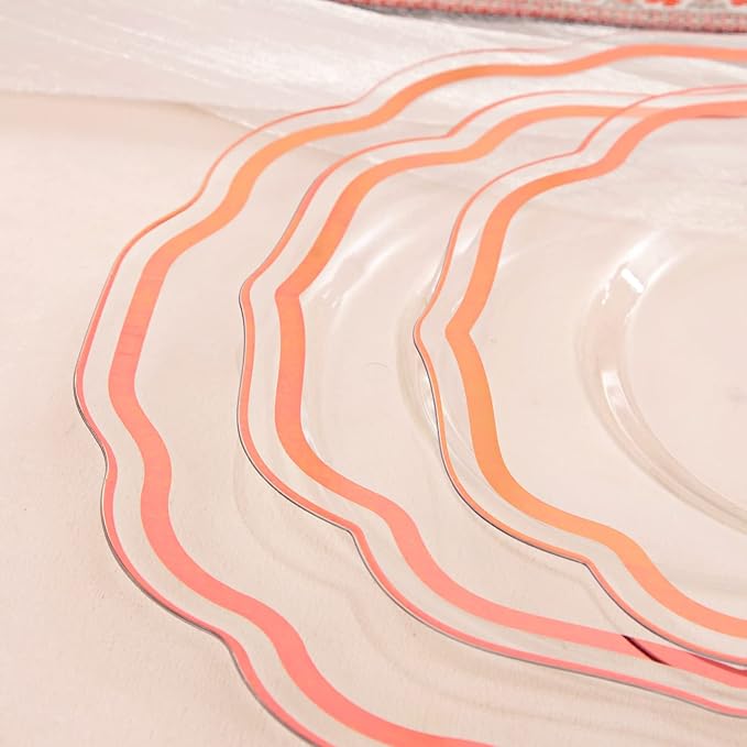 NOCCUR 150PCS Rose Gold Plastic Plates&Rose Gold Silverware-Include 30Dinner Plates, 30Salad plates, 90 Disposable Rose Gold Utensils- Ideal for Weddings, Party,Shower