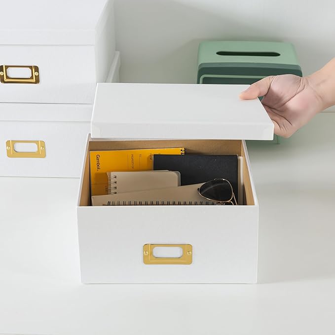 Soul & Lane White Kraft Paper Boxes for Storage - Set of 3 Square Stacking Boxes with Lids and Gold Label Holders, Decorative Photo Storage, Nesting Cardboard Containers for Decor and Organizing