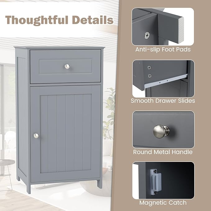Tangkula Small Bathroom Cabinet for Small Spaces, Freestanding Single Door Storage with Adjustable Shelf, Anti-Tipping Device, Smooth Drawer, Floor Cabinet for Bathroom & Living Room (Gray)