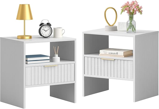 Nightstand Set of 2 Nightstand with Drawers, Bedside Table with Storage Shelf, Modern Night Stand with Drawer for Bedroom, End Table for Home Living Room Office White