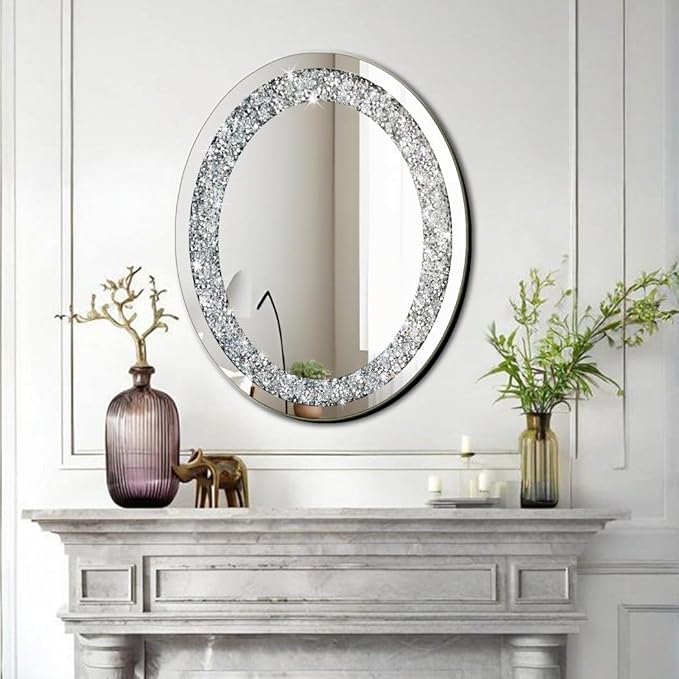 DMDFIRST Crystal Crushed Diamond Oval Shaped Glam Bling Silver Mirror for Wall Decoration 16x20x0.9 inch Wall Hang Frameless Sparkly Mirror Glass Stunning Home Diamond Decor
