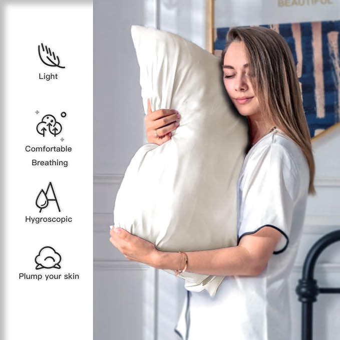 SUATIEN Breathable Mulberry Silk Pillowcase Set - Soft and Silky with Hidden Zipper (Beige, 20" x 26", 2 Pack)