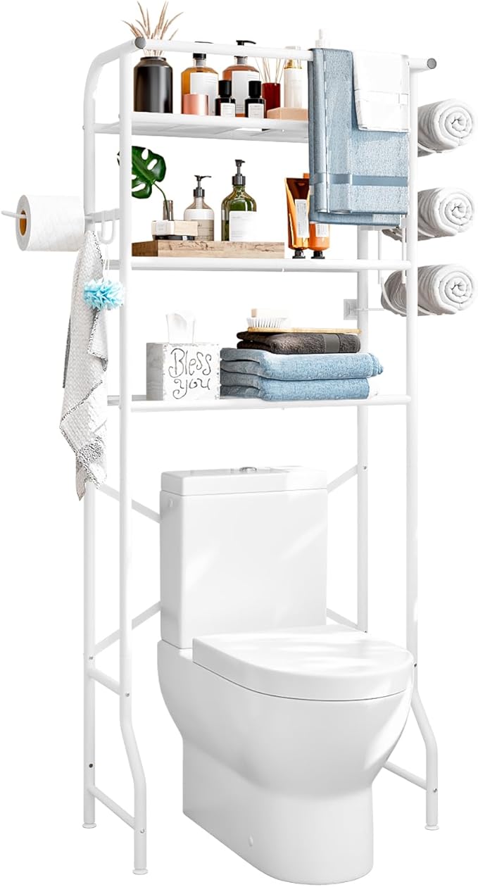 Over The Toilet Storage Metal 3 Tier Bathroom Organizer Shelf with Paper Holder Easy to Assemble & Space Saving (White)